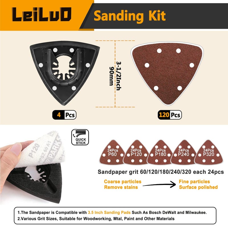 LEILUO 127 Pcs Oscillating Tool Sanding Pad Kit - 4 Triangle Pads, 120 Sandpaper, 3 Adapters - Compatible with DeWalt, Dremel, Milwaukee & More - Image 4